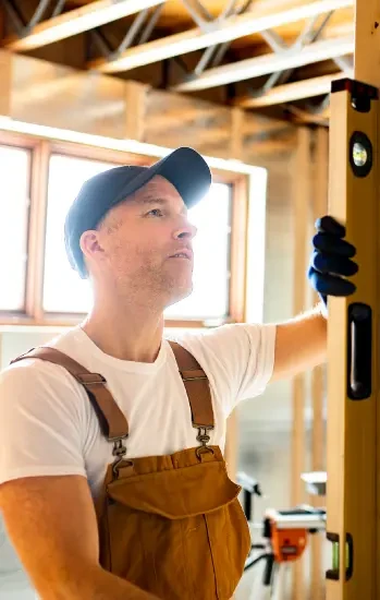 Builder checking a level against new wood framing